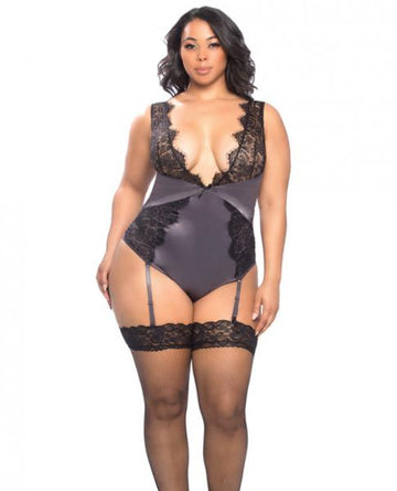 Arabella Lace, Satin Teddy, Garters Excalibur Black 1X