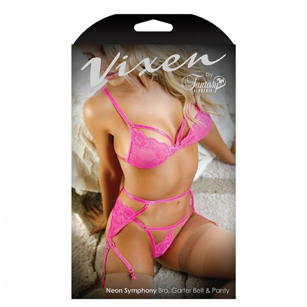 Vixen Neon Symphony  Bralette, Garter Belt &amp; Panty  L/xl Electric Pink
